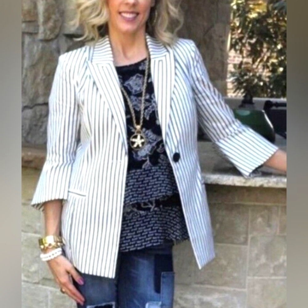 Cabi Tripe White and Black Bell Sleeve Blazer